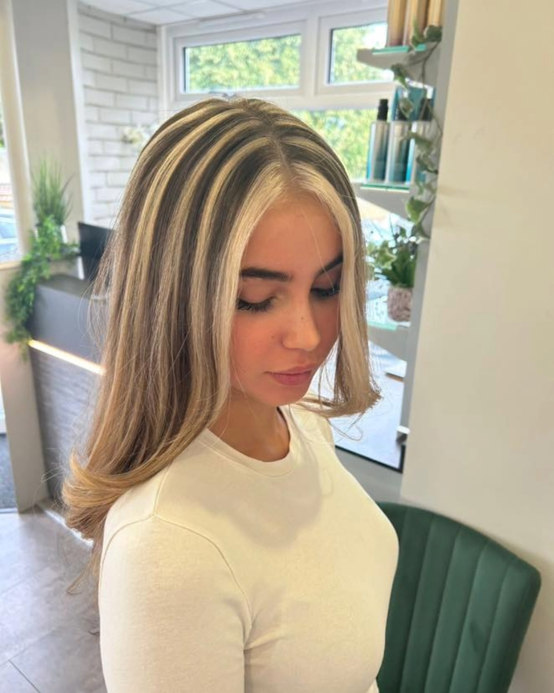 after chunky blonde highlights on brunette hair carried out at brooklyns hair salon in high wycombe