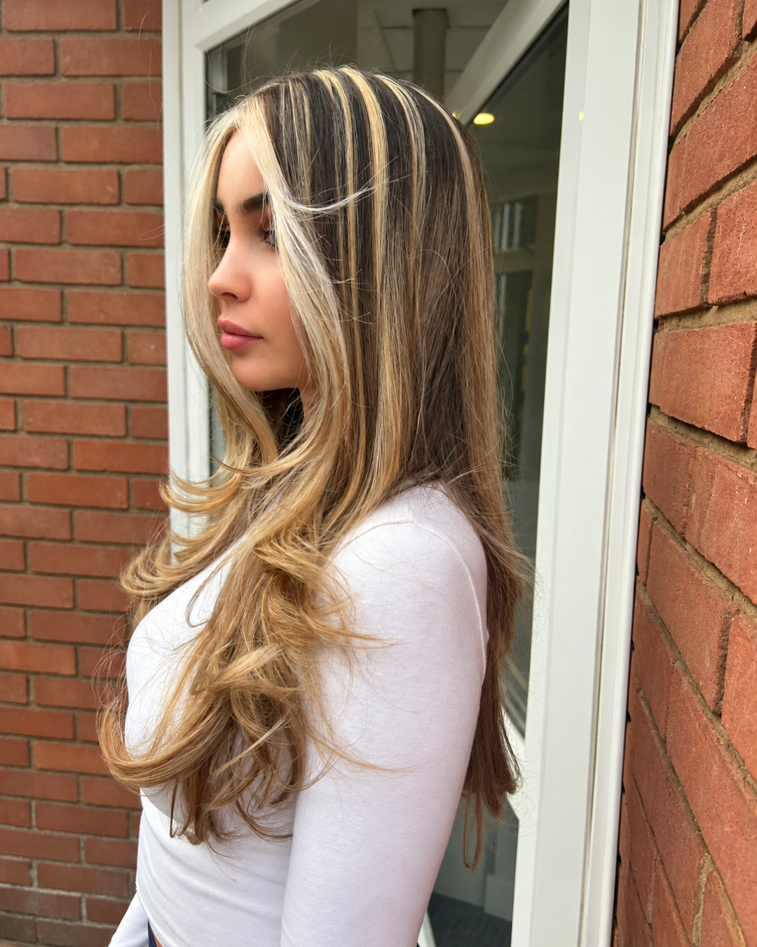 after chunky blonde highlights on brunette hair carried out at brooklyns hair salon in high wycombe